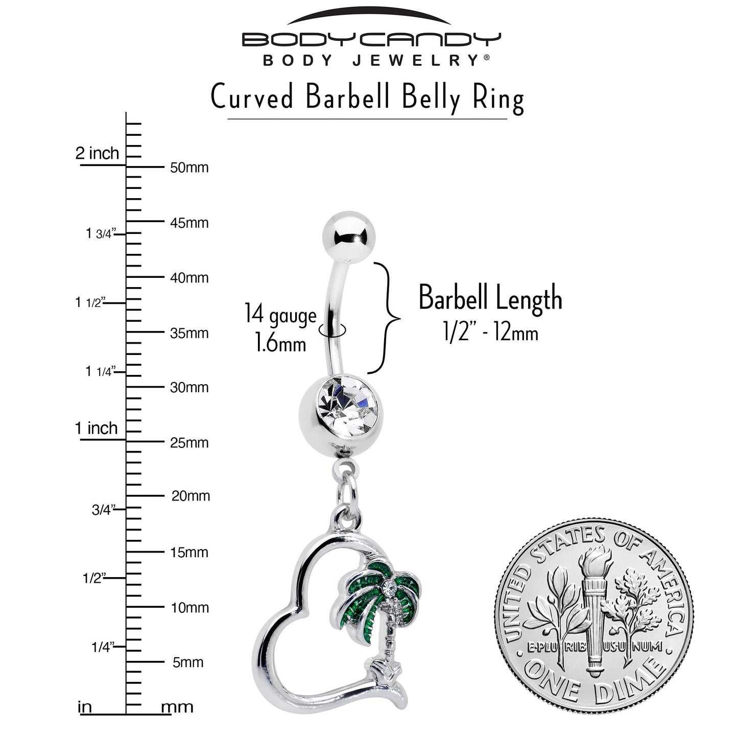 Clear Gem Palm Tree Love Heart Dangle Belly Ring