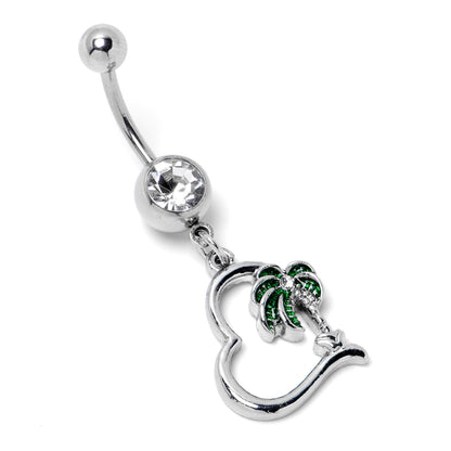 Clear Gem Palm Tree Love Heart Dangle Belly Ring