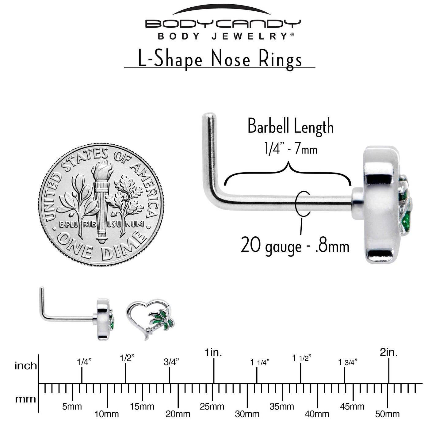 20G 1/4 Palm Tree Love Heart L Shape Nose Ring