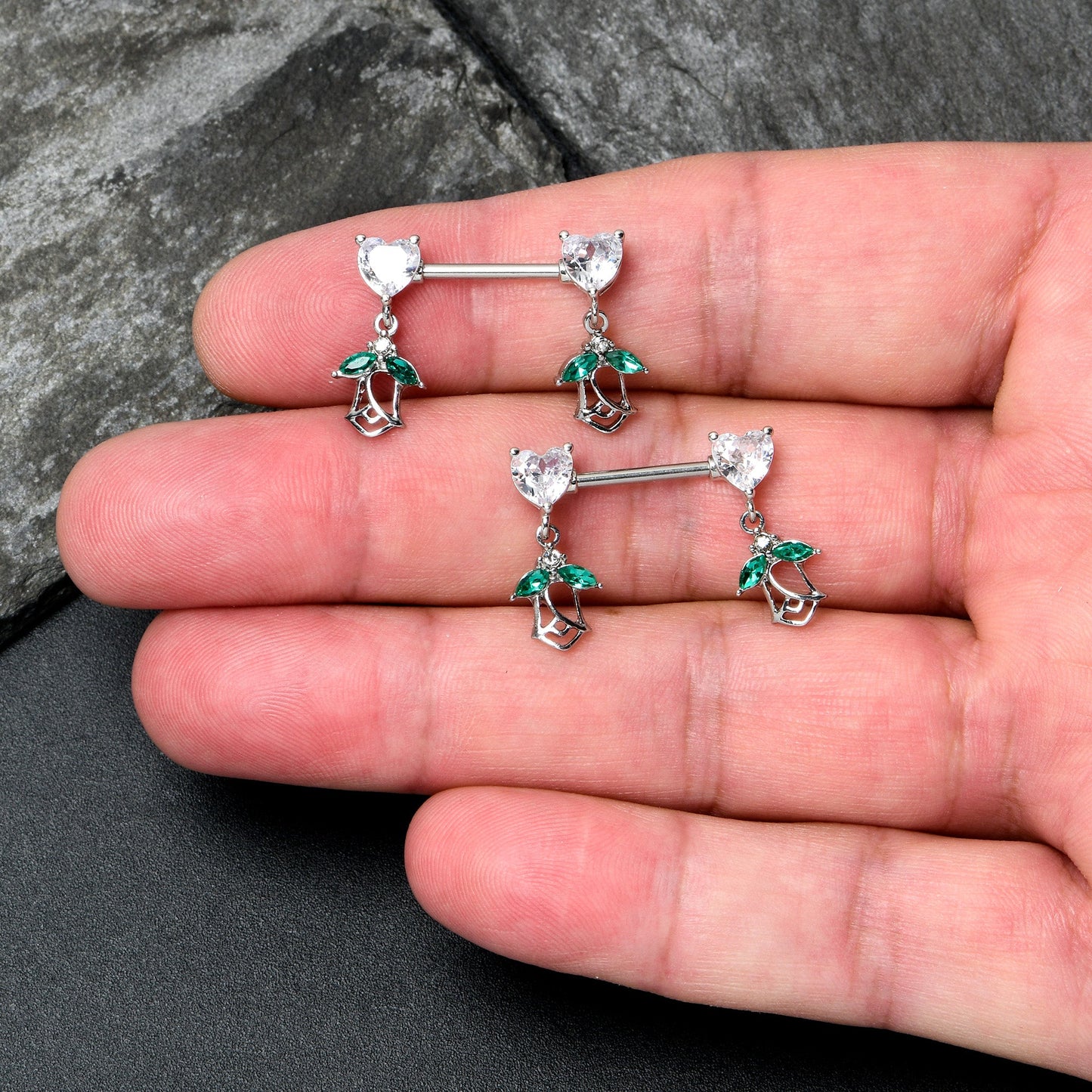 14G 9/16 Clear CZ Gem Hearts And Roses Dangle Nipple Ring Set