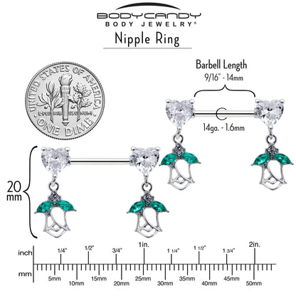 14G 9/16 Clear CZ Gem Hearts And Roses Dangle Nipple Ring Set