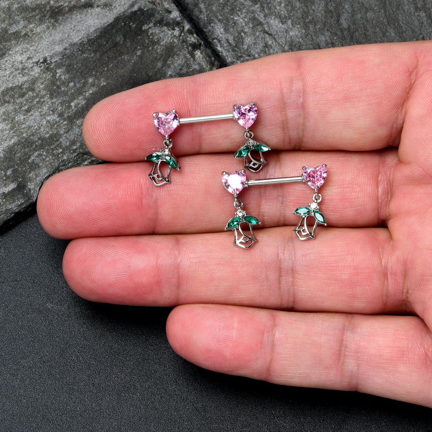 14G 9/16 Pink CZ Gem Hearts And Roses Dangle Nipple Ring Set