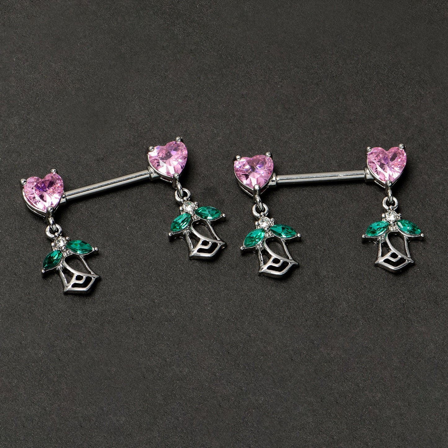 14G 9/16 Pink CZ Gem Hearts And Roses Dangle Nipple Ring Set
