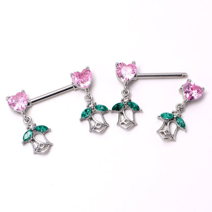 14G 9/16 Pink CZ Gem Hearts And Roses Dangle Nipple Ring Set