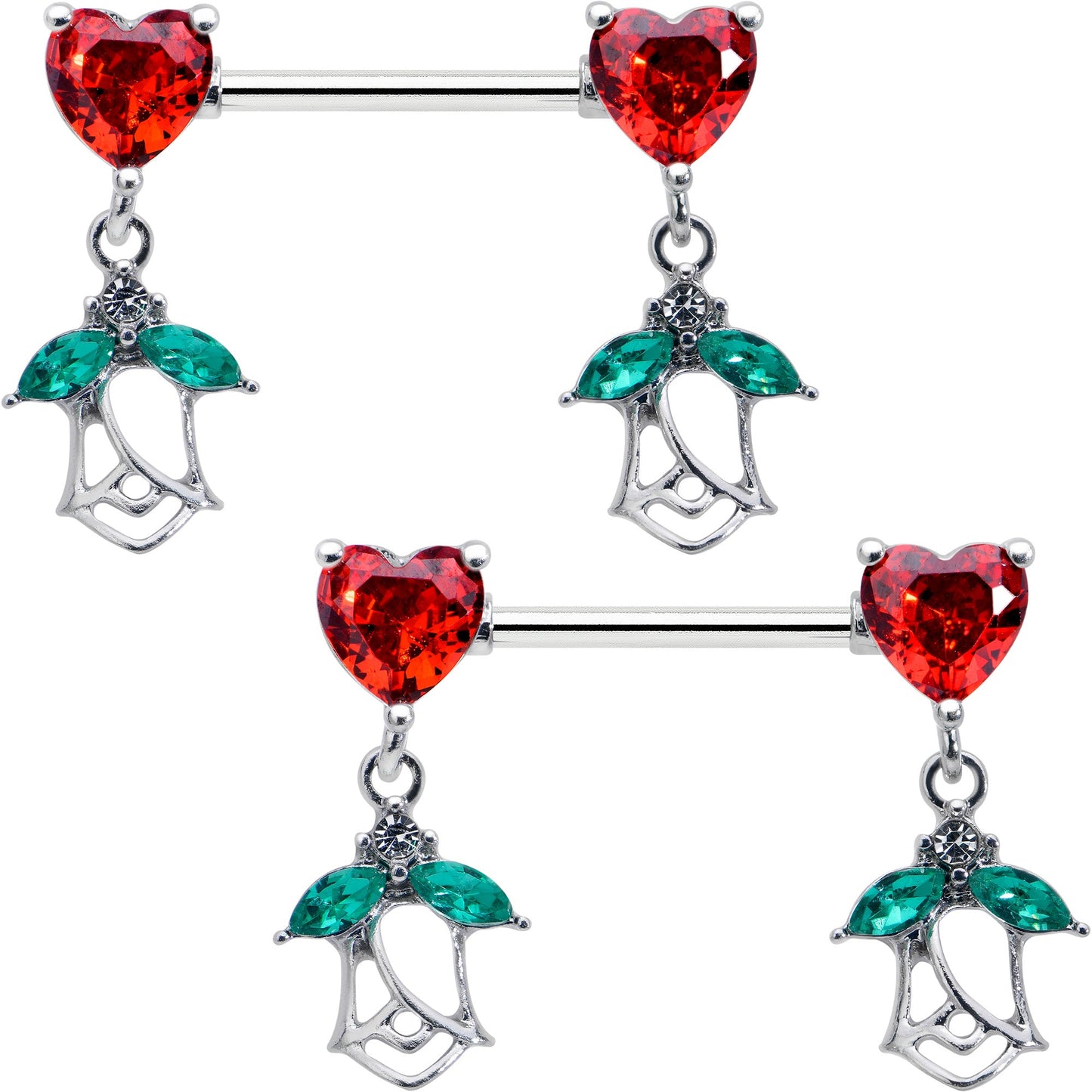 14G 9/16 Red CZ Gem Hearts And Roses Dangle Nipple Ring Set