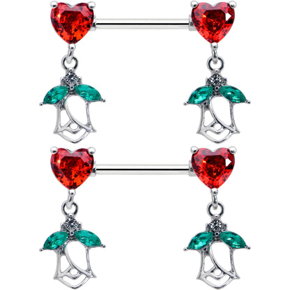 14G 9/16 Red CZ Gem Hearts And Roses Dangle Nipple Ring Set