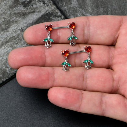 14G 9/16 Red CZ Gem Hearts And Roses Dangle Nipple Ring Set