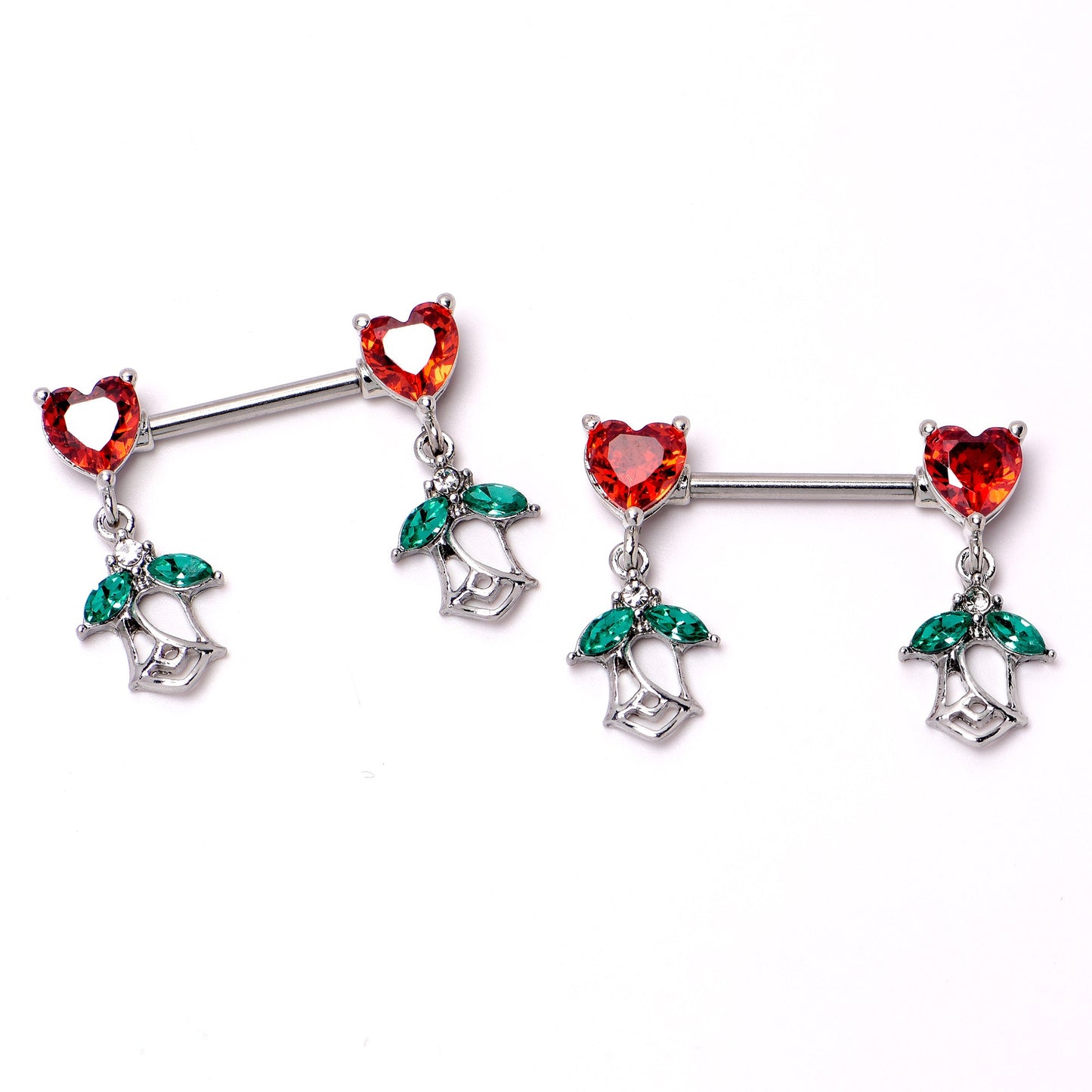 14G 9/16 Red CZ Gem Hearts And Roses Dangle Nipple Ring Set