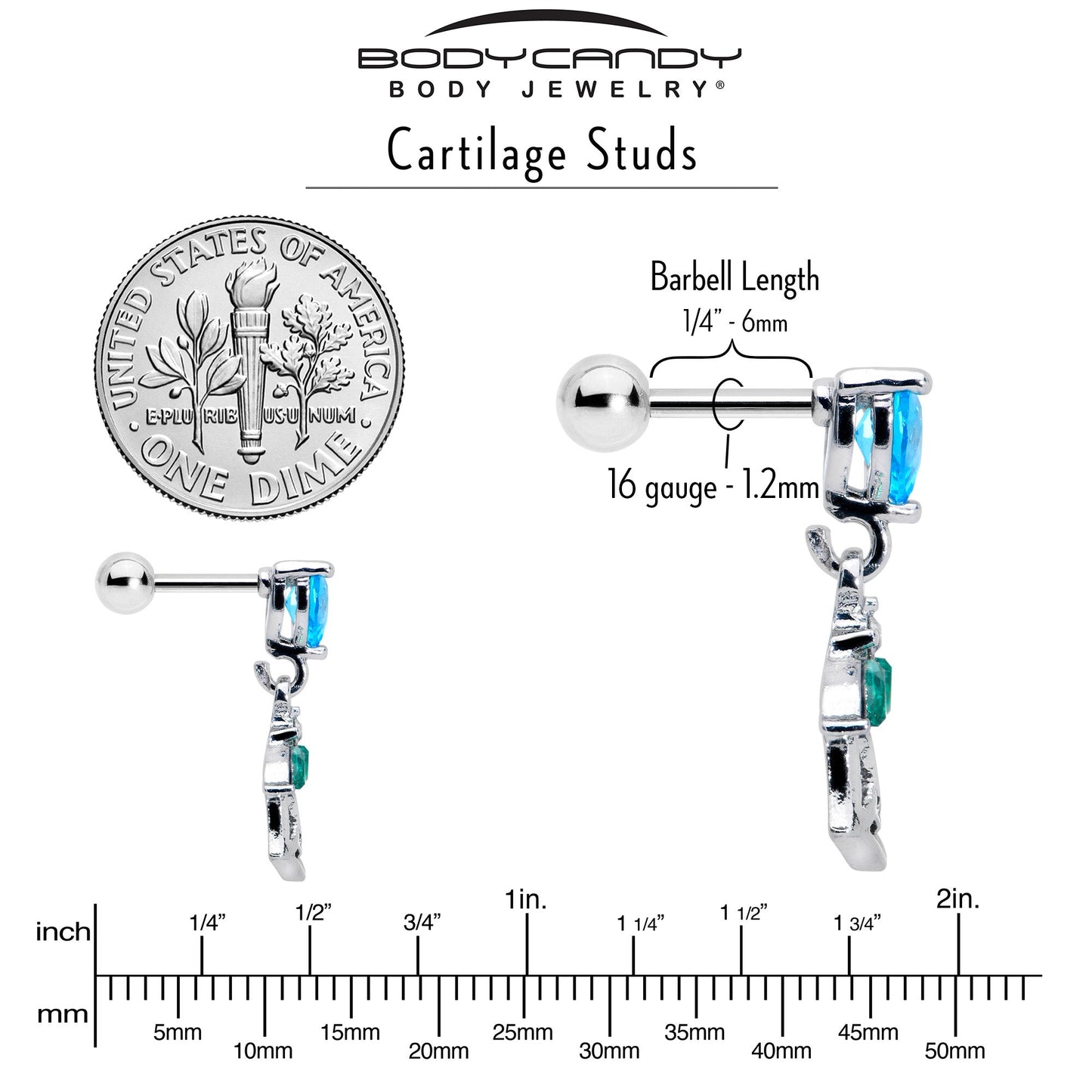 16G 1/4 Blue CZ Gem Heart And Rose Dangle Cartilage Earring