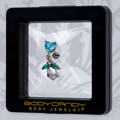 16G 1/4 Blue CZ Gem Heart And Rose Dangle Cartilage Earring