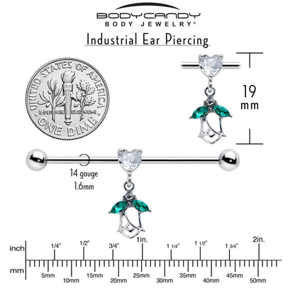 14G Clear CZ Gem Heart And Rose Dangle Industrial Barbell 38mm