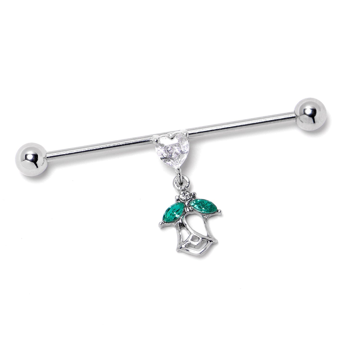 14G Clear CZ Gem Heart And Rose Dangle Industrial Barbell 38mm