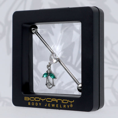 14G Clear CZ Gem Heart And Rose Dangle Industrial Barbell 38mm