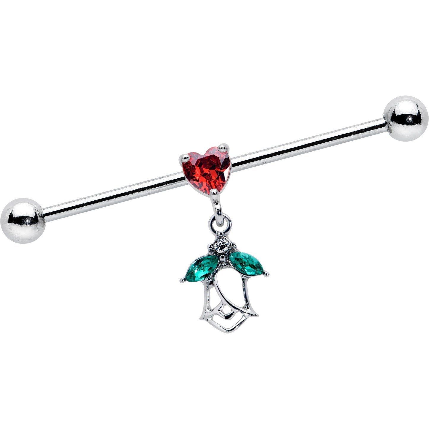 14G Red CZ Gem Heart And Rose Dangle Industrial Barbell 38mm