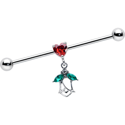 14G Red CZ Gem Heart And Rose Dangle Industrial Barbell 38mm