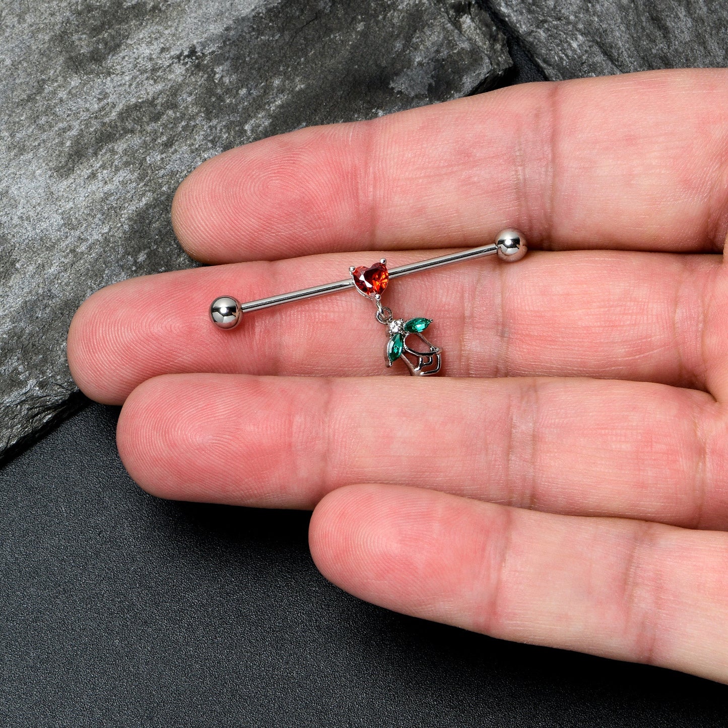 14G Red CZ Gem Heart And Rose Dangle Industrial Barbell 38mm