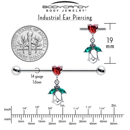 14G Red CZ Gem Heart And Rose Dangle Industrial Barbell 38mm