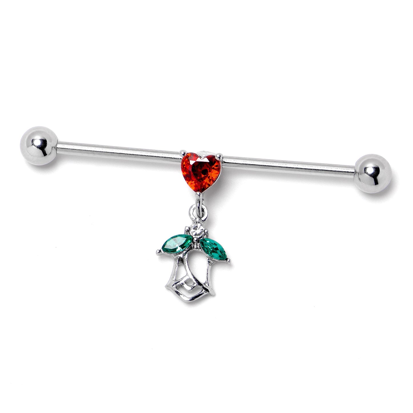14G Red CZ Gem Heart And Rose Dangle Industrial Barbell 38mm