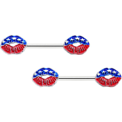 14G 9/16 Patriotic Kissy Lips Barbell Nipple Ring Set