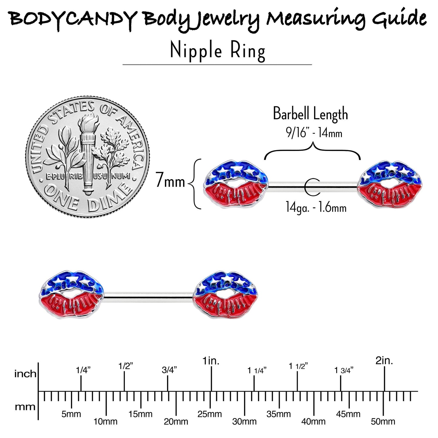 14G 9/16 Patriotic Kissy Lips Barbell Nipple Ring Set