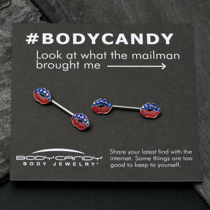 14G 9/16 Patriotic Kissy Lips Barbell Nipple Ring Set