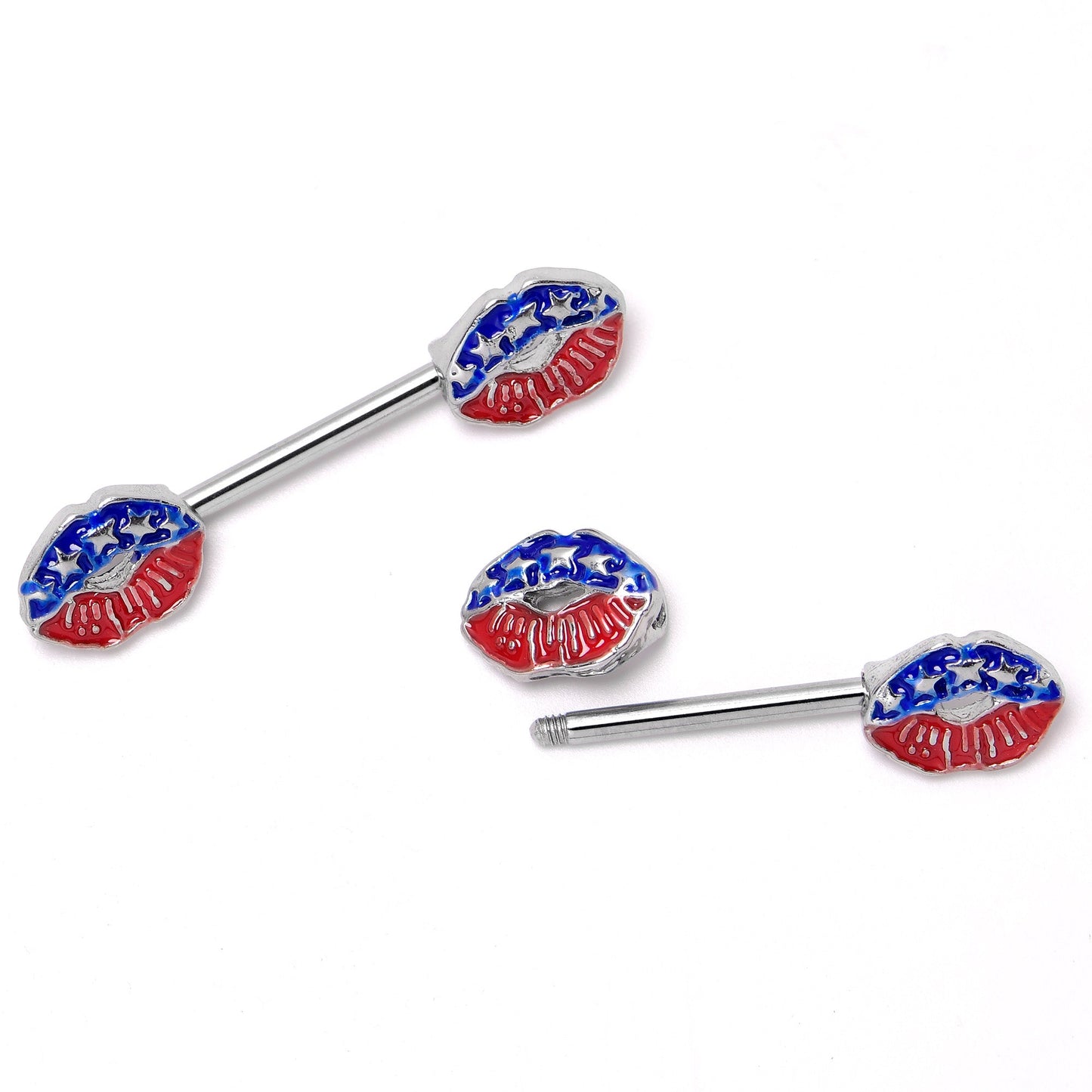 14G 9/16 Patriotic Kissy Lips Barbell Nipple Ring Set
