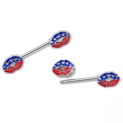 14G 9/16 Patriotic Kissy Lips Barbell Nipple Ring Set