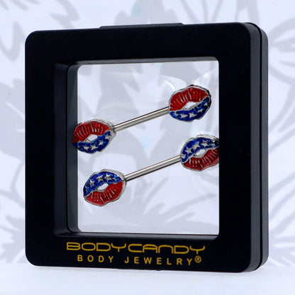14G 9/16 Patriotic Kissy Lips Barbell Nipple Ring Set