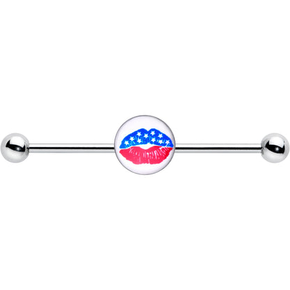 14G Inlay Patriotic Kissy Lips Industrial Barbell 38mm