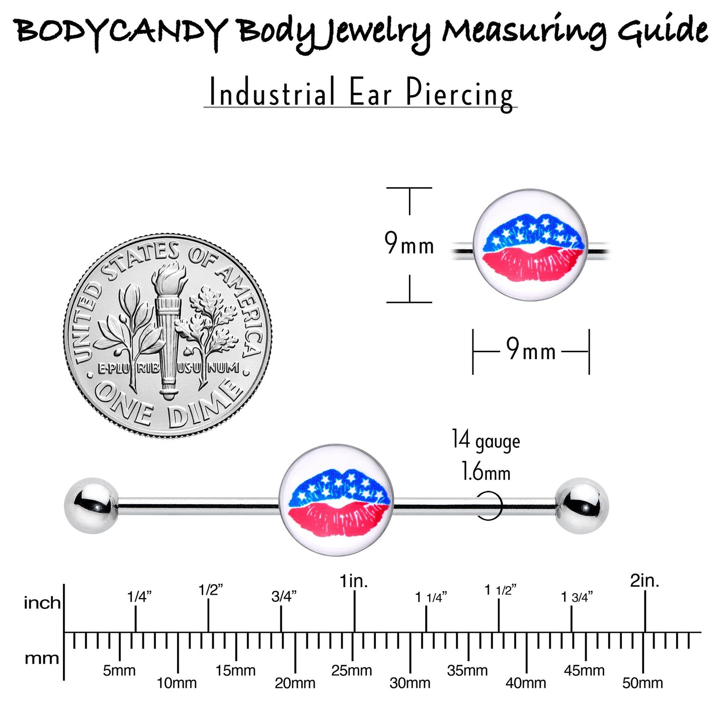 14G Inlay Patriotic Kissy Lips Industrial Barbell 38mm