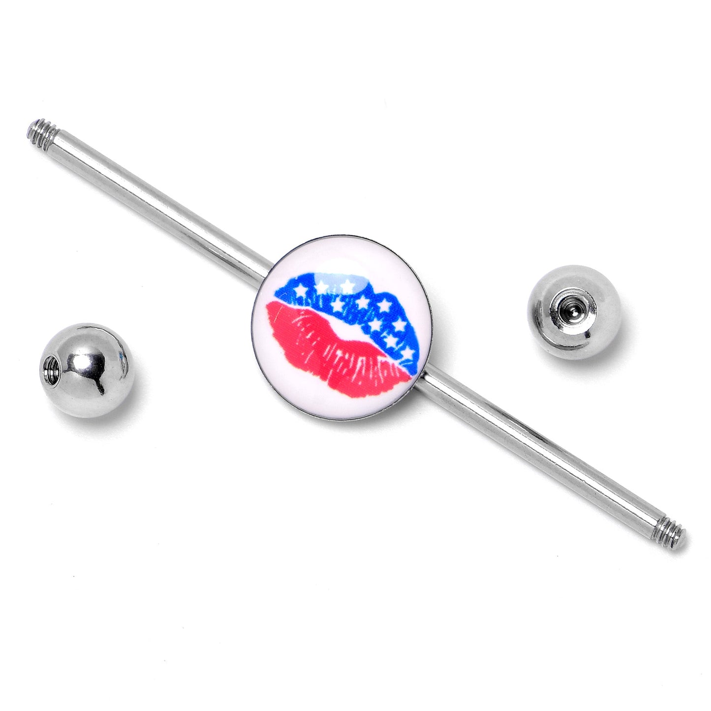 14G Inlay Patriotic Kissy Lips Industrial Barbell 38mm