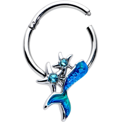 16G 3/8 Blue Gem Blue Mermaid Tail Stars Hinged Segment Ring