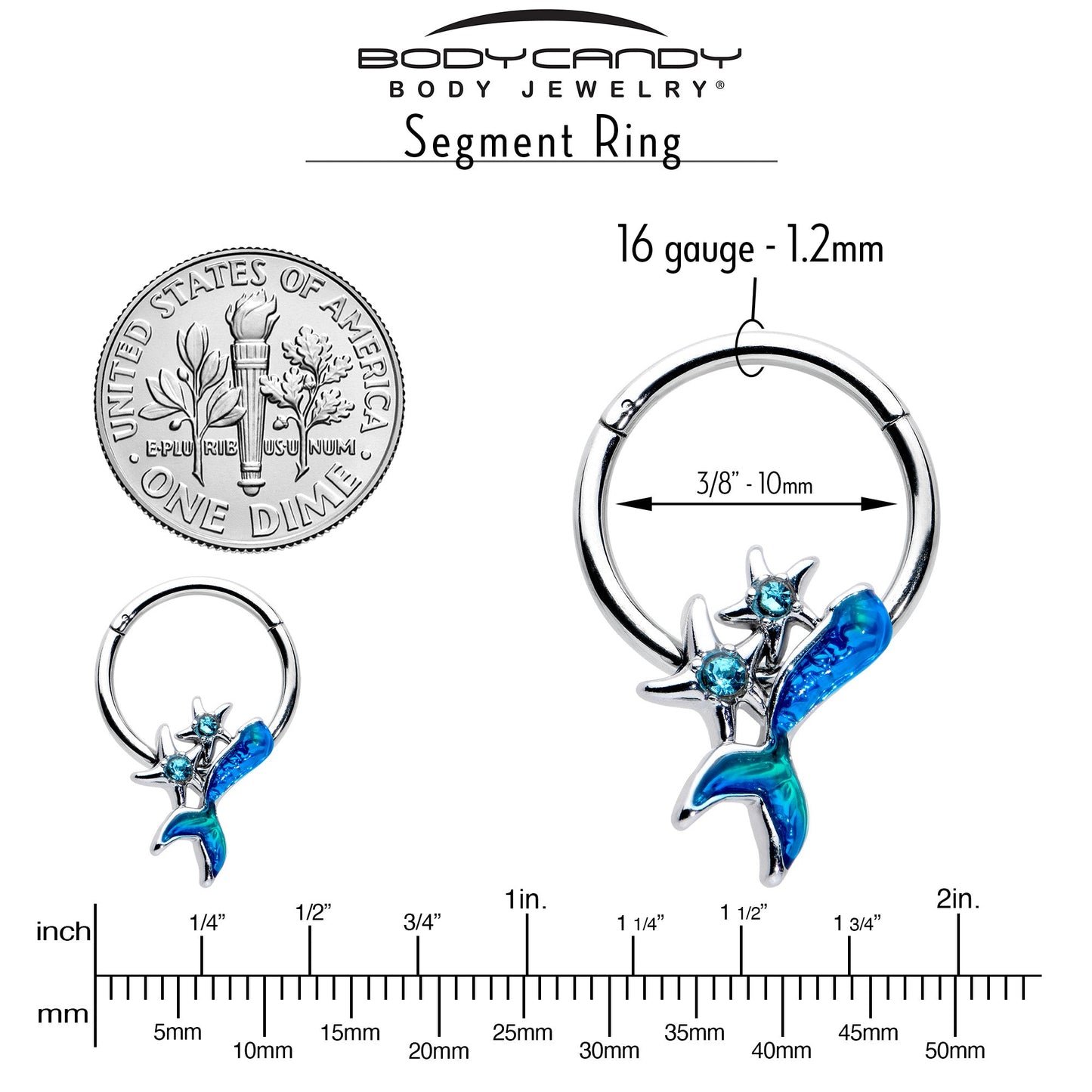 16G 3/8 Blue Gem Blue Mermaid Tail Stars Hinged Segment Ring