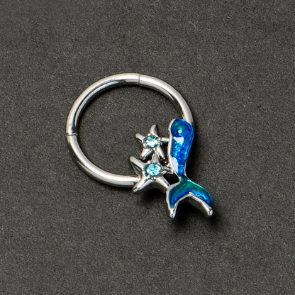 16G 3/8 Blue Gem Blue Mermaid Tail Stars Hinged Segment Ring