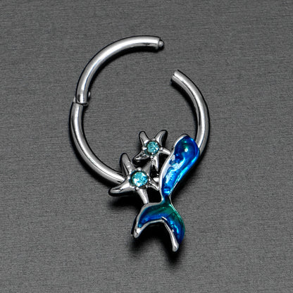 16G 3/8 Blue Gem Blue Mermaid Tail Stars Hinged Segment Ring