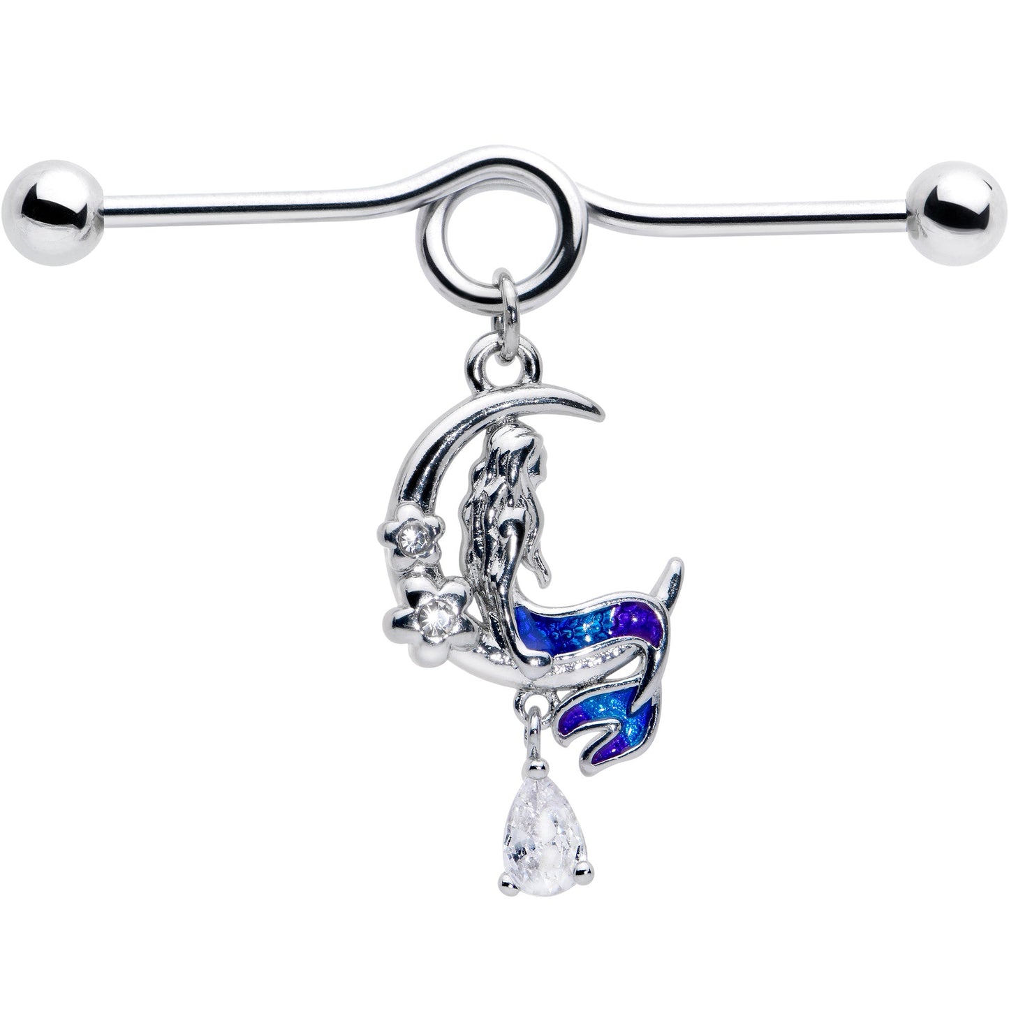 14G Clear Gem Floral Mermaid Moon Dangle Project Bar 38mm