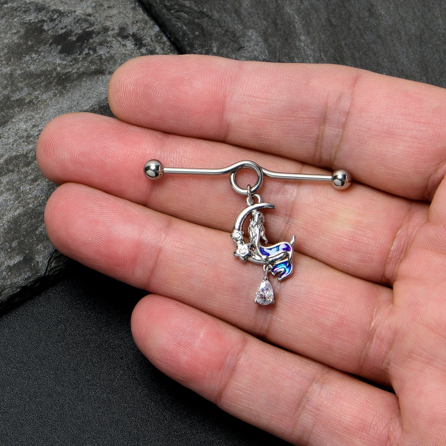 14G Clear Gem Floral Mermaid Moon Dangle Project Bar 38mm