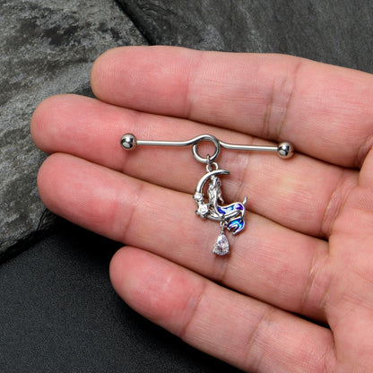 14G Clear Gem Floral Mermaid Moon Dangle Project Bar 38mm