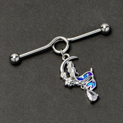 14G Clear Gem Floral Mermaid Moon Dangle Project Bar 38mm