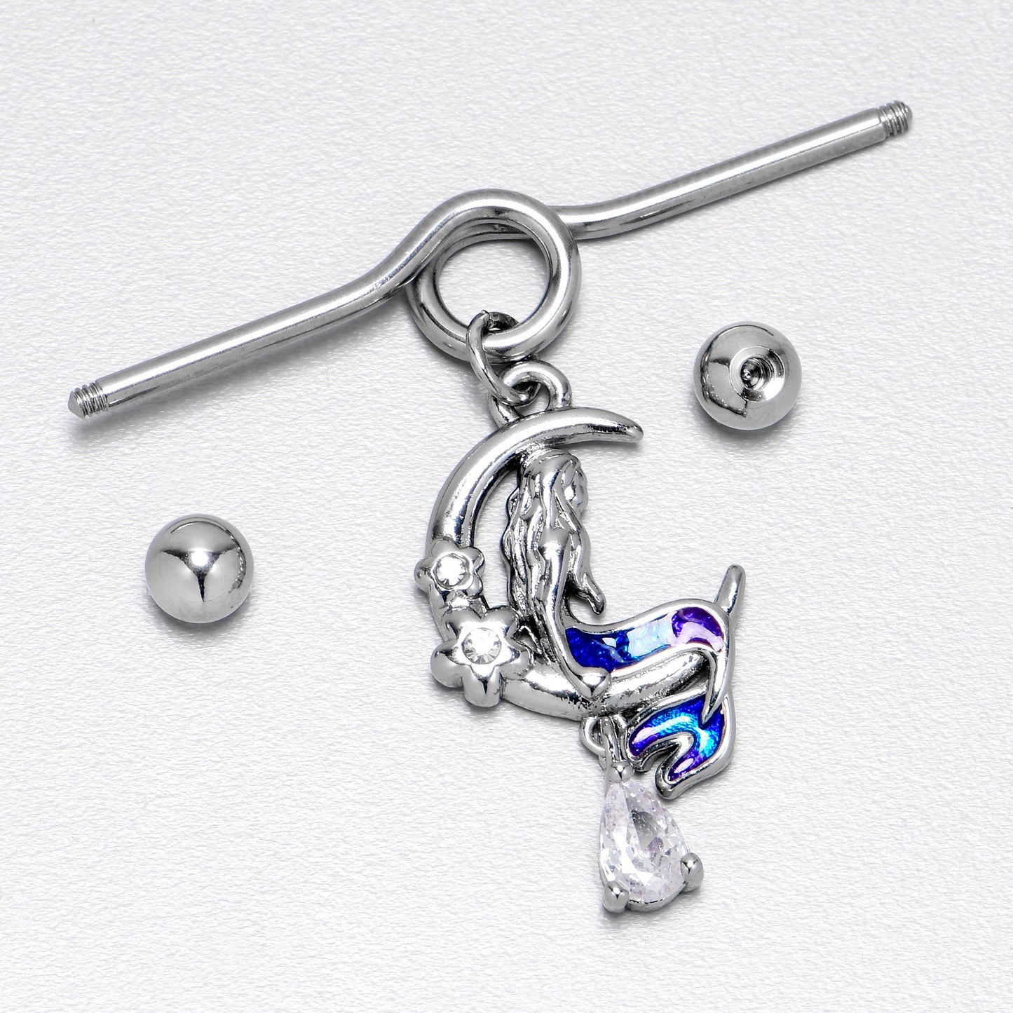 14G Clear Gem Floral Mermaid Moon Dangle Project Bar 38mm