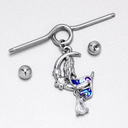 14G Clear Gem Floral Mermaid Moon Dangle Project Bar 38mm