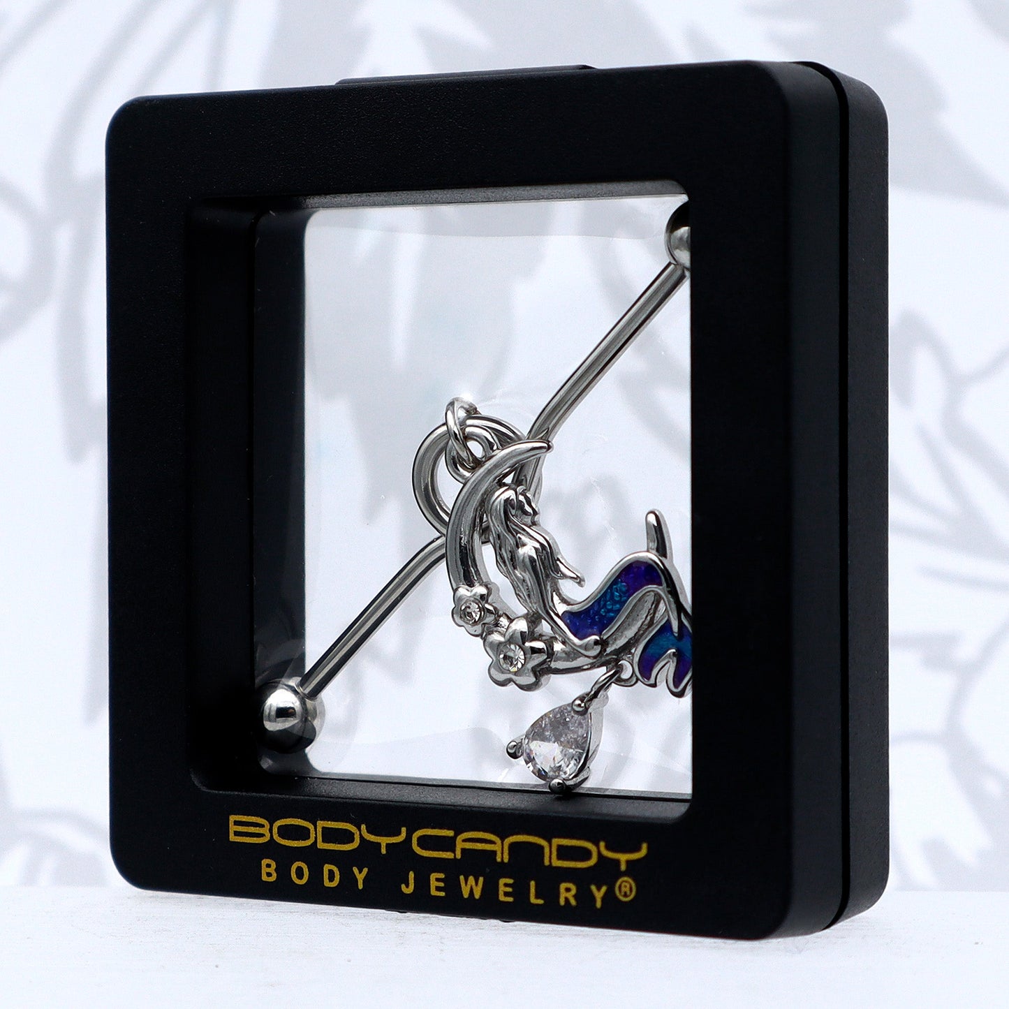 14G Clear Gem Floral Mermaid Moon Dangle Project Bar 38mm