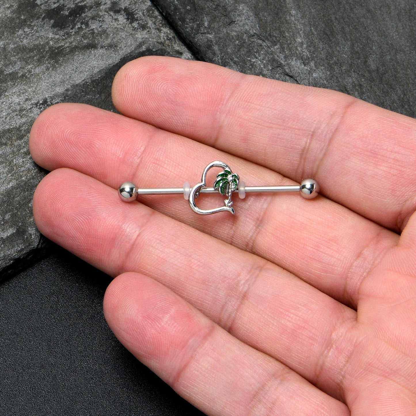 14G Clear Gem Palm Tree Love Heart Industrial Barbell 38mm