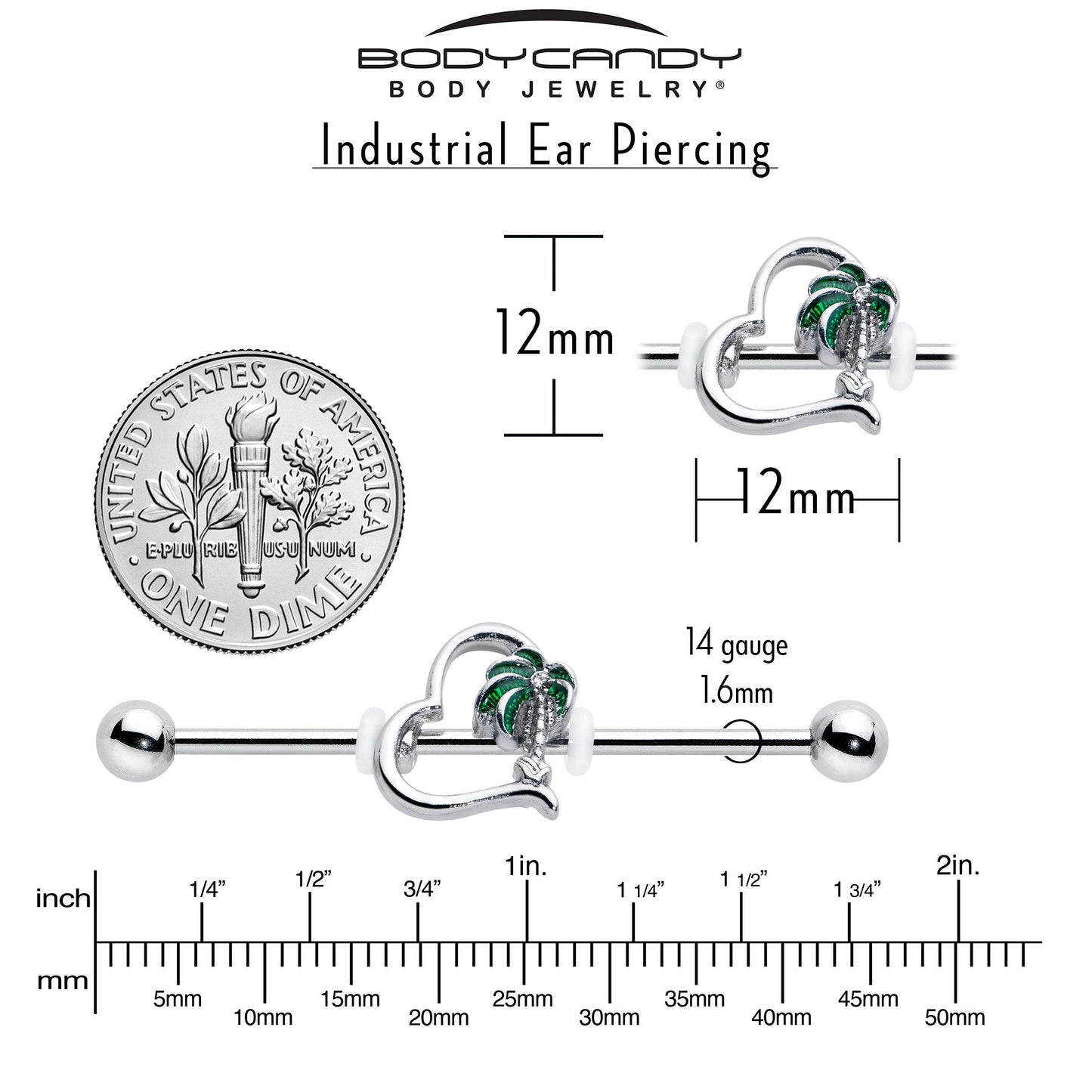 14G Clear Gem Palm Tree Love Heart Industrial Barbell 38mm