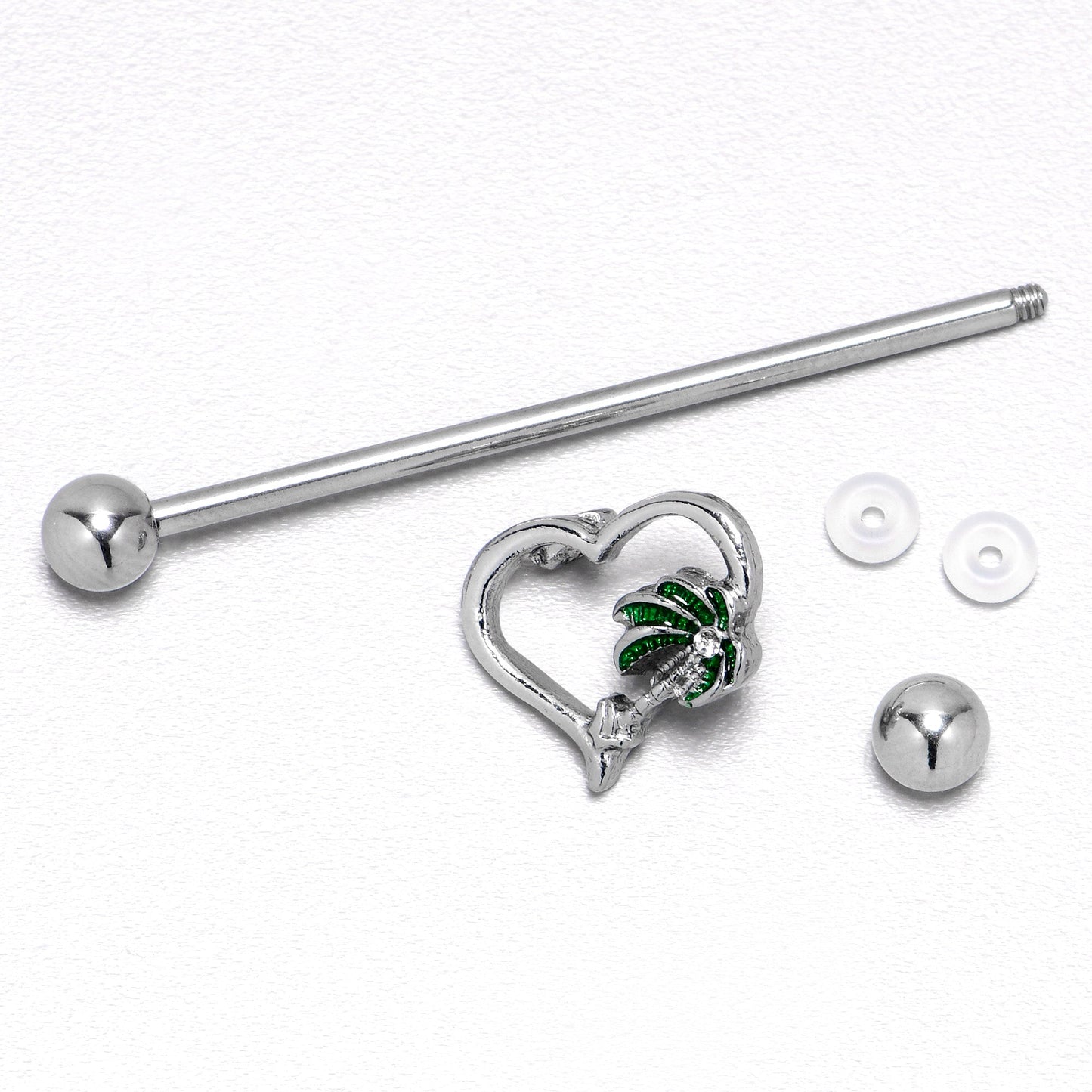 14G Clear Gem Palm Tree Love Heart Industrial Barbell 38mm