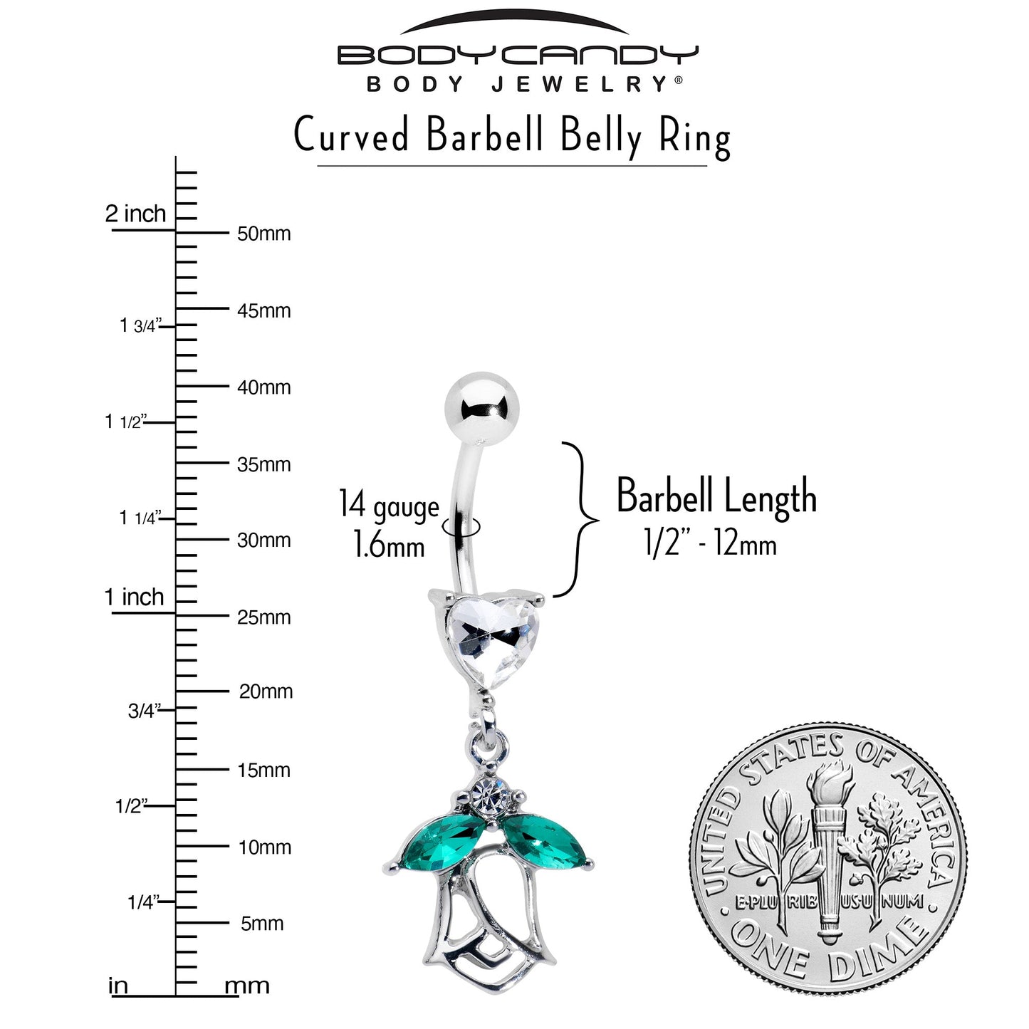 Clear CZ Gem Heart And Rose Dangle Belly Ring