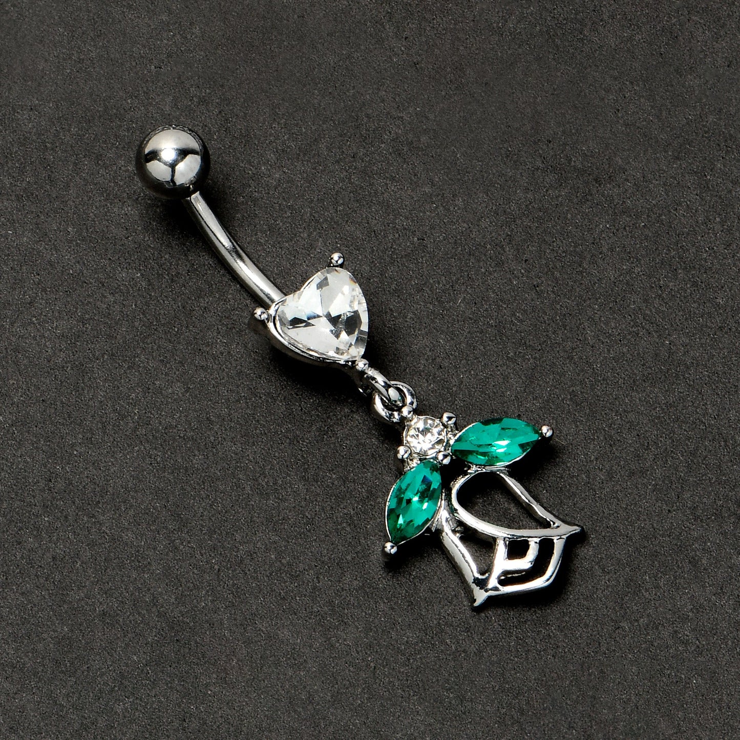 Clear CZ Gem Heart And Rose Dangle Belly Ring