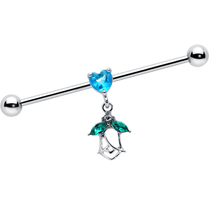 14G Blue CZ Gem Heart And Rose Dangle Industrial Barbell 38mm