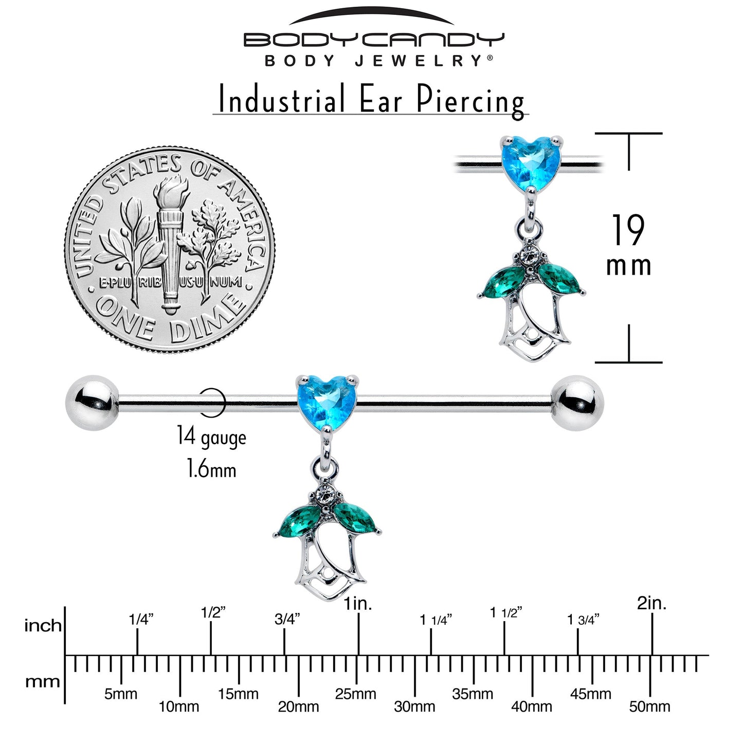 14G Blue CZ Gem Heart And Rose Dangle Industrial Barbell 38mm