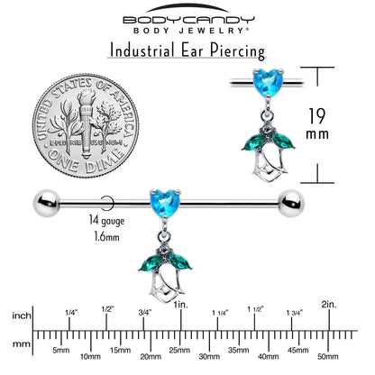 14G Blue CZ Gem Heart And Rose Dangle Industrial Barbell 38mm